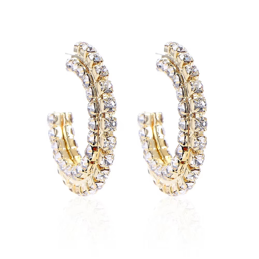 INS Baroque Rhinestone C-Shaped Semicircle Hoop Earrings Statement Jewelry for Women Shiny Crystal Stacked round Circle Earrings