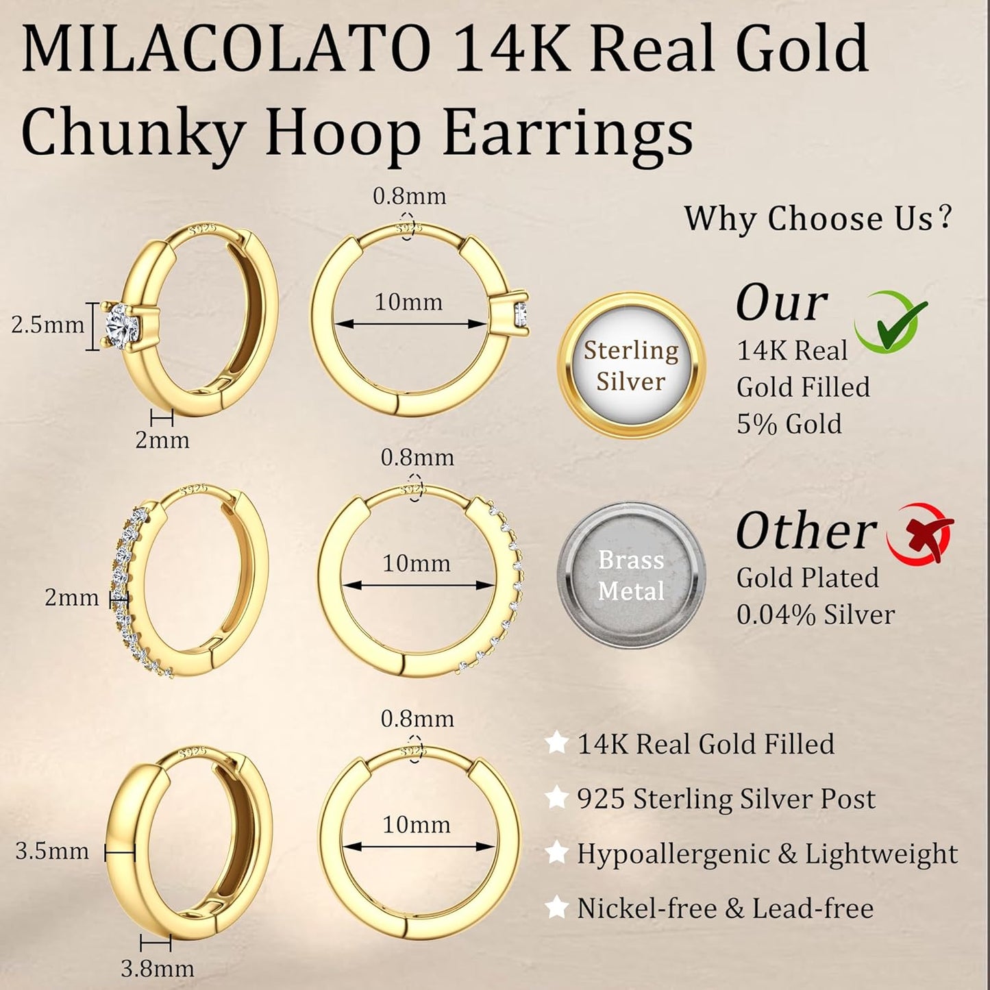 3 Pairs Gold Hoop Earrings Set for Women 14K Gold Filled Small Huggie Hoop Earri