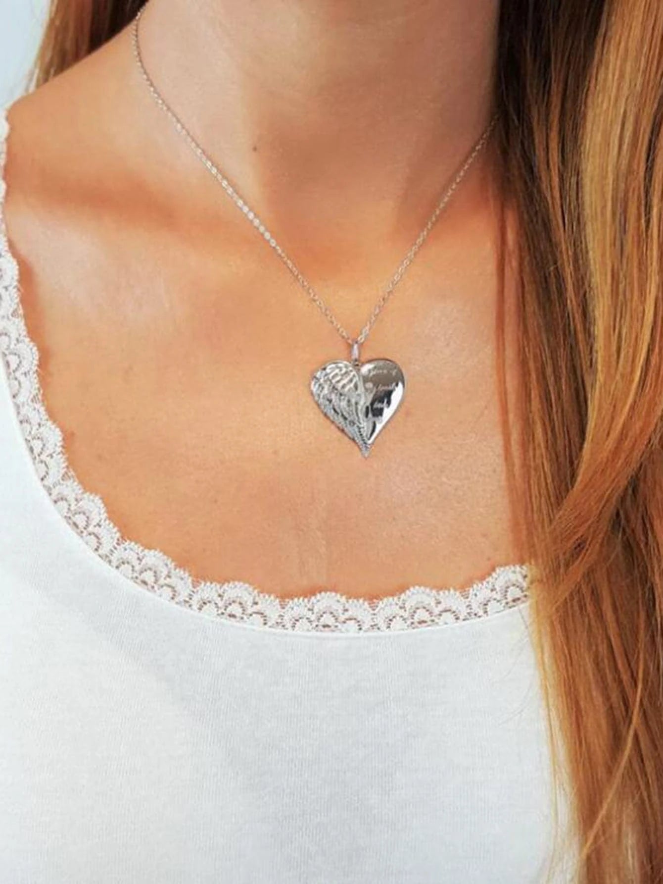 Slogan Detail Wing & Heart Charm Necklace
