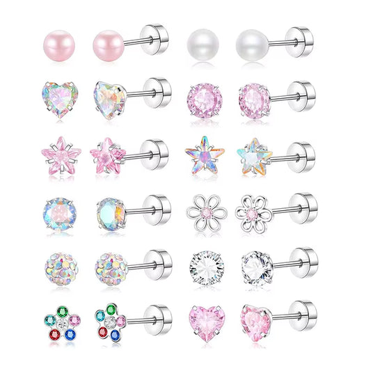 12 Pairs Stainless Steel Earrings Sets Hypoallergenic Screw Back Stud Earrings Cute Heart Tiny Pink Stud Earrings for Women Girl