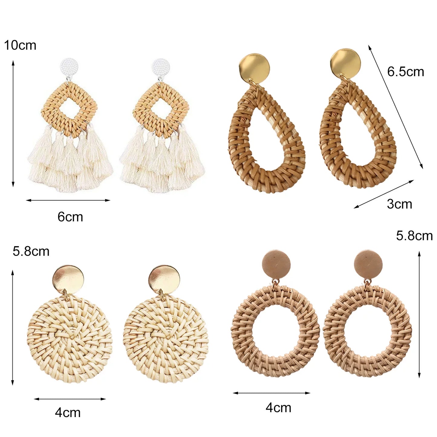 4 Pairs Rattan Earrings Geometric Handmade Braided Women Bohemian Tassel Earrings for Dating Wood Yellow
