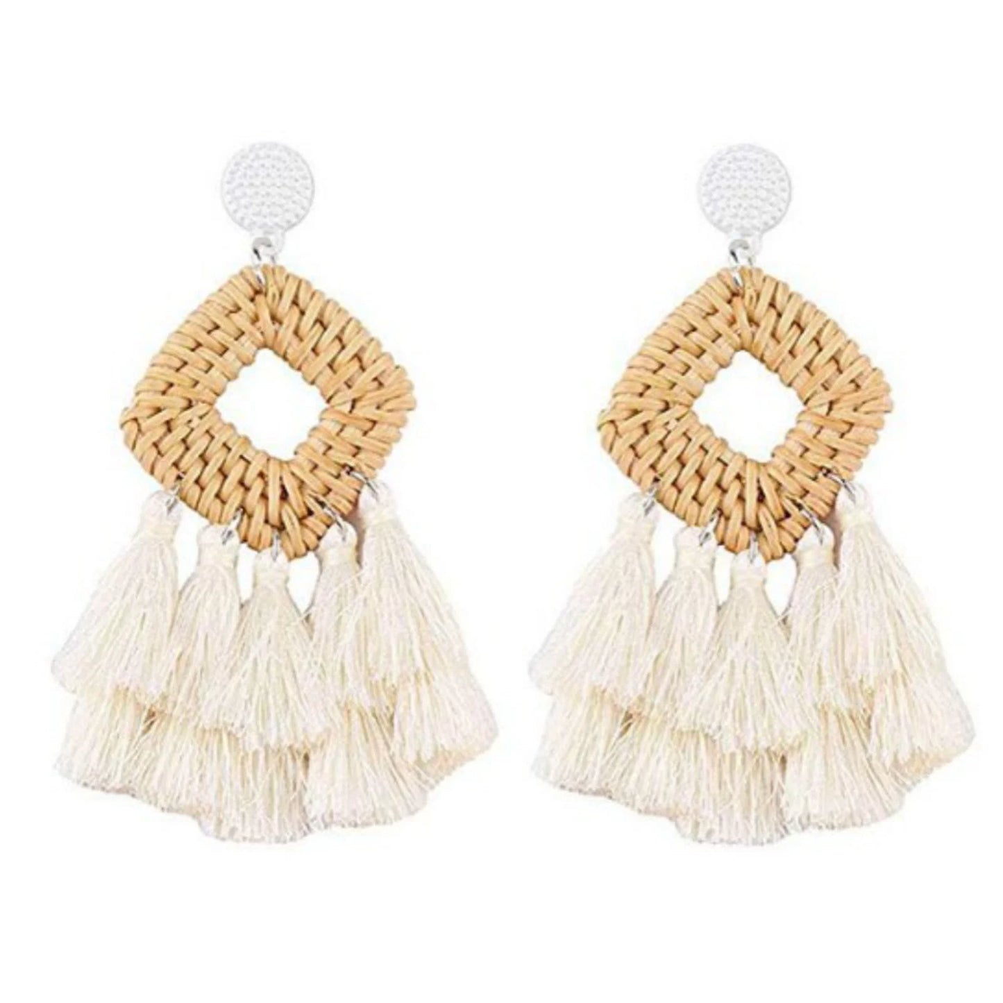 4 Pairs Rattan Earrings Geometric Handmade Braided Women Bohemian Tassel Earrings for Dating Wood Yellow