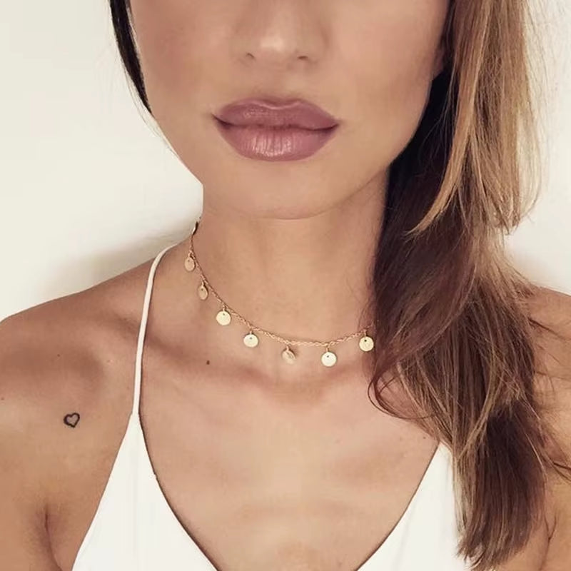 Bohemian Tiny Heart Star Necklace for Women Short Chain Coin Bar Moon Pendant Necklace Gift Choker Necklace