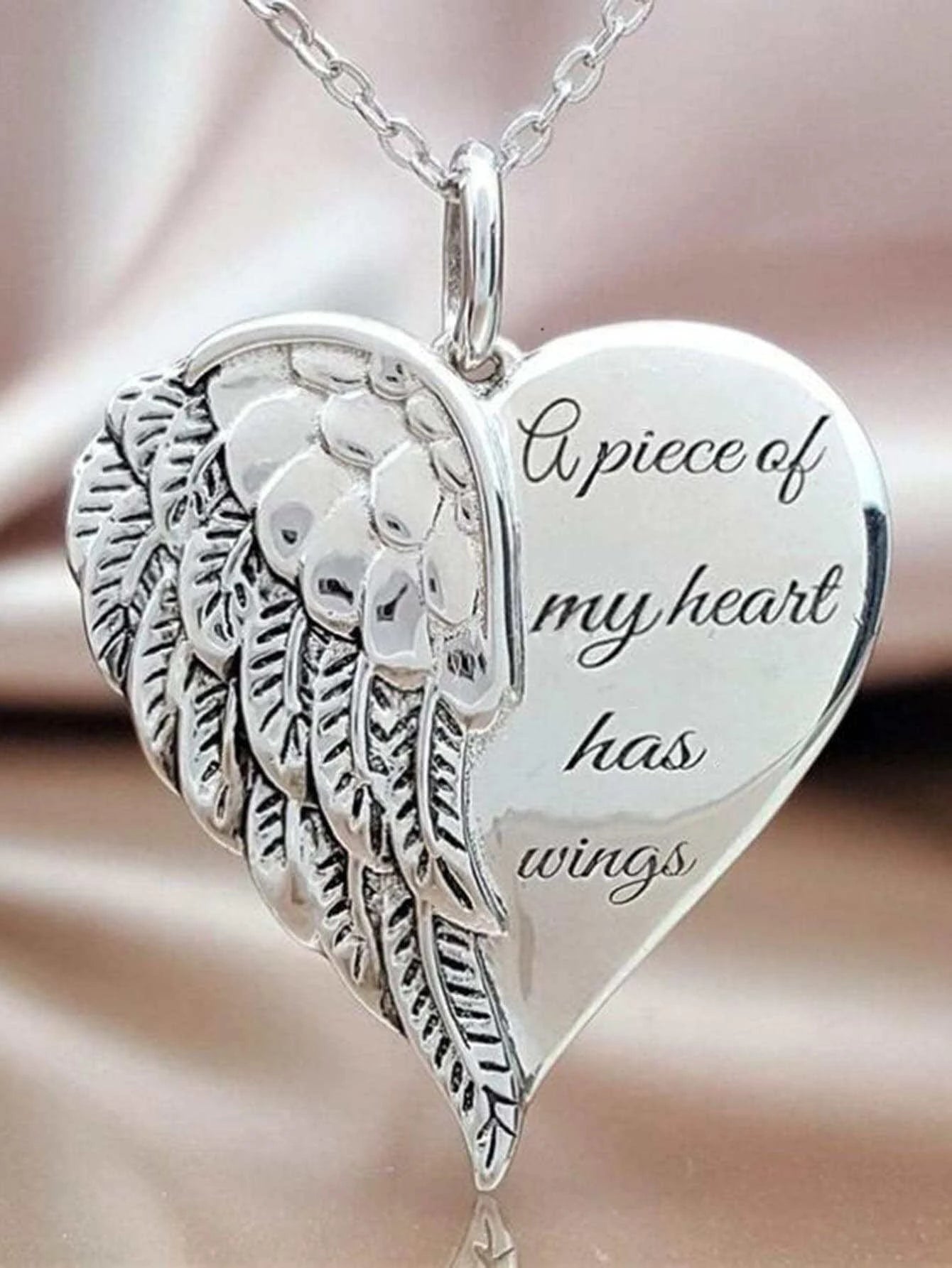 Slogan Detail Wing & Heart Charm Necklace