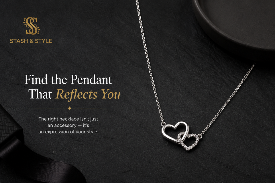 Elegant silver heart pendant necklace on a dark textured background with luxury Stash & Style branding and modern editorial typography.