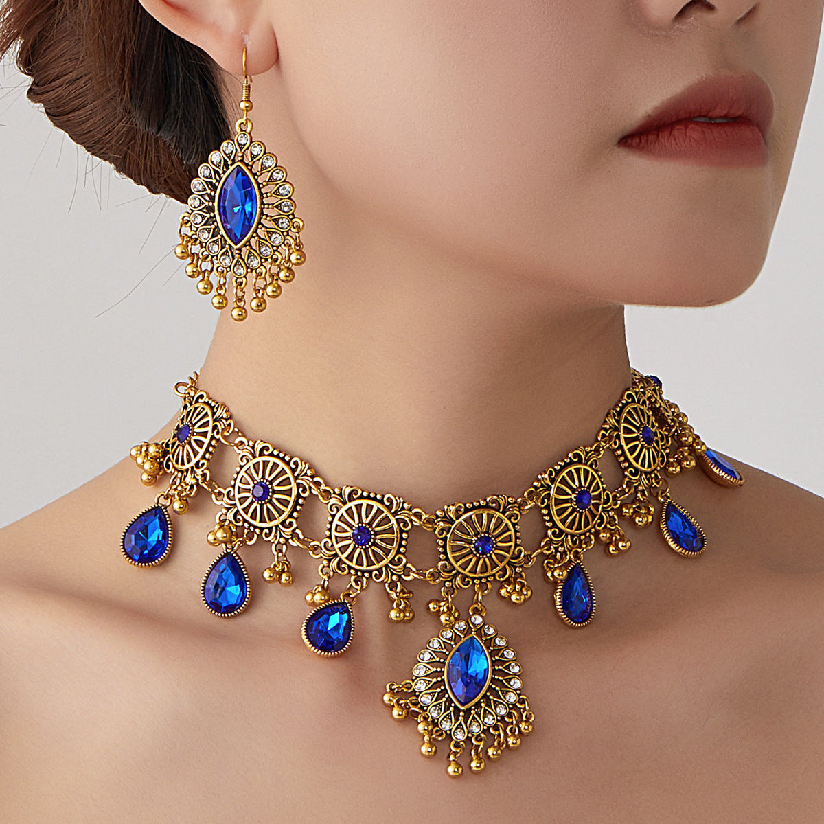 Bollywood filigree rhinestone choker necklace and earrings set - Indian jewelry