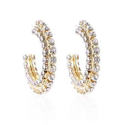 INS Baroque Rhinestone C-Shaped Semicircle Hoop Earrings Statement Jewelry for Women Shiny Crystal Stacked round Circle Earrings