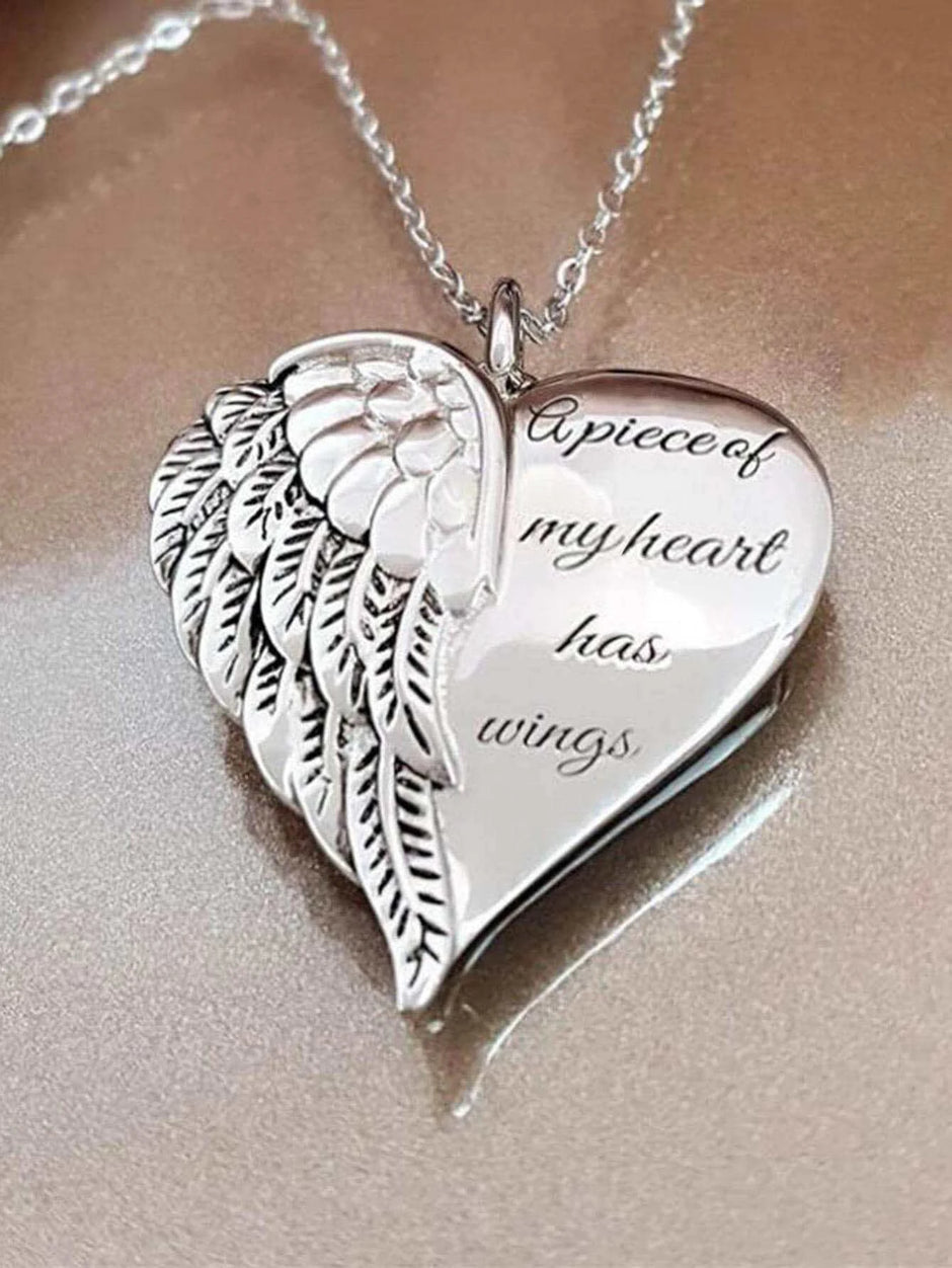 Slogan Detail Wing & Heart Charm Necklace