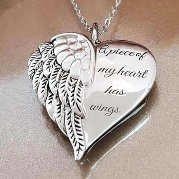 Slogan Detail Wing & Heart Charm Necklace