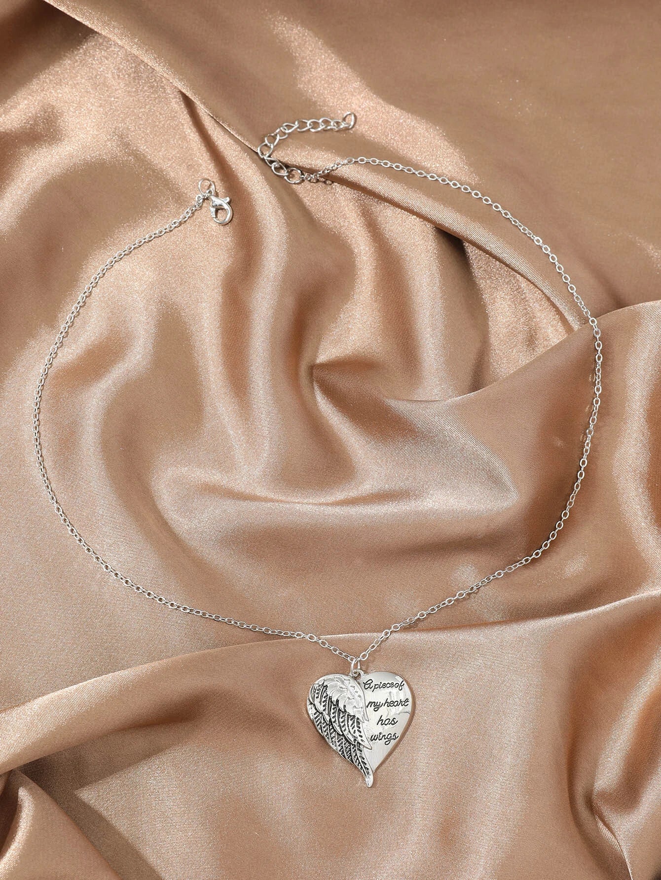 Slogan Detail Wing & Heart Charm Necklace