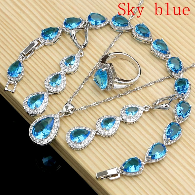 Water Drop Silver 925 Jewelry Red Ruby White Topaz Jewelry Sets Women Long Earrings/Pendant/Necklace/Rings/Bracelet Dropshipping