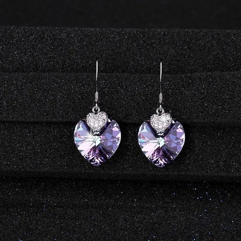Fashion 925 Silver Heart Shape Crystal Hook Earrings Zircon Pendant Necklace Gift for Lady CZ Women Charm Anniversary Gift Birthday Party Jewelry Bridal Engagement Wedding Jewelry Gift