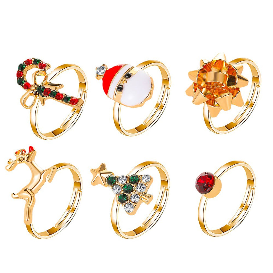6Pcs Santa Claus Christmas Tree Elk Rings Cute Cartoon Christmas Open Adjustable Ring Oil Drop Jewelry