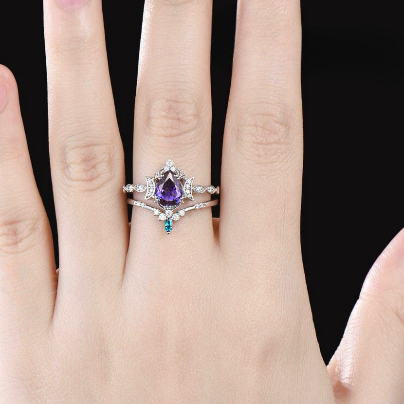 Purple Crystal Water Drop Ring Set