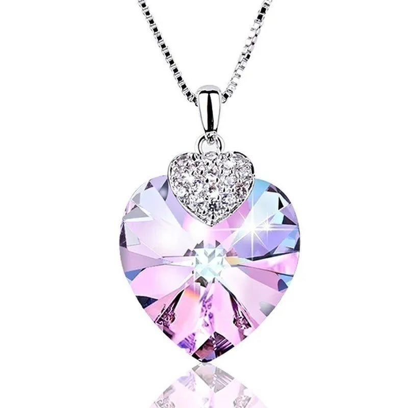 Fashion 925 Silver Heart Shape Crystal Hook Earrings Zircon Pendant Necklace Gift for Lady CZ Women Charm Anniversary Gift Birthday Party Jewelry Bridal Engagement Wedding Jewelry Gift
