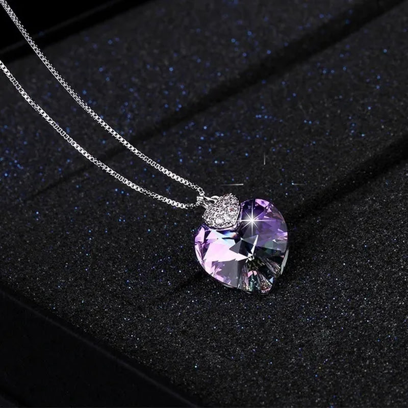 Fashion 925 Silver Heart Shape Crystal Hook Earrings Zircon Pendant Necklace Gift for Lady CZ Women Charm Anniversary Gift Birthday Party Jewelry Bridal Engagement Wedding Jewelry Gift