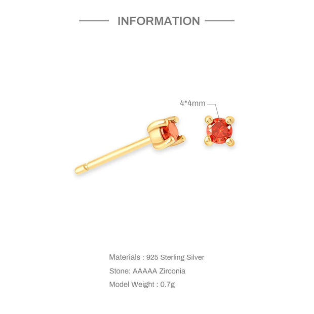 18K Gold Plated 925 Silver Birthstone Stud Earrings - Mini Colored Zircon