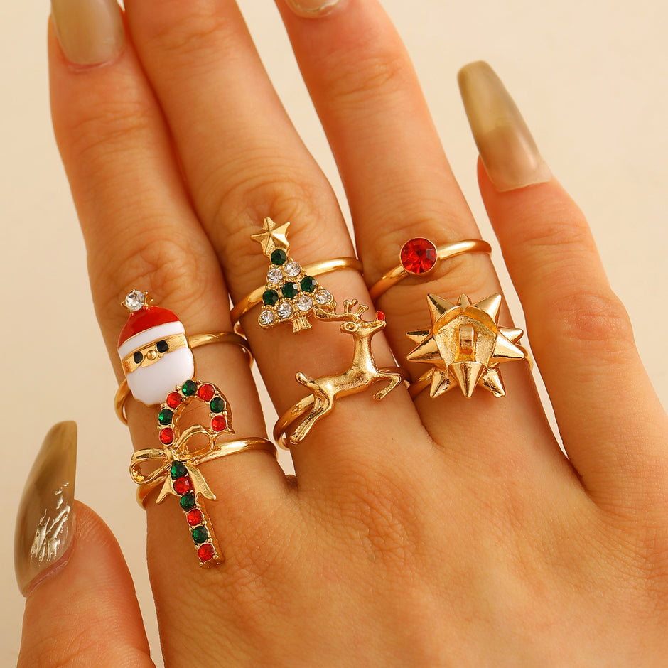 6Pcs Santa Claus Christmas Tree Elk Rings Cute Cartoon Christmas Open Adjustable Ring Oil Drop Jewelry