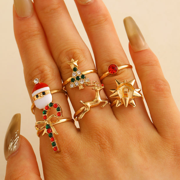 6Pcs Santa Claus Christmas Tree Elk Rings Cute Cartoon Christmas Open Adjustable Ring Oil Drop Jewelry