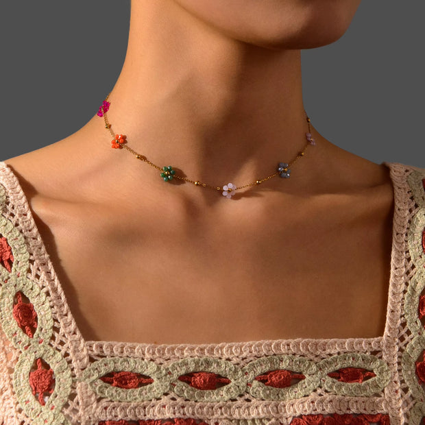 Sifisrri Vintage Color Flower Beads Chain Necklace Bracelet Jewerly Set for Women Stainless Steel Fashion Valentine'S Day Gift