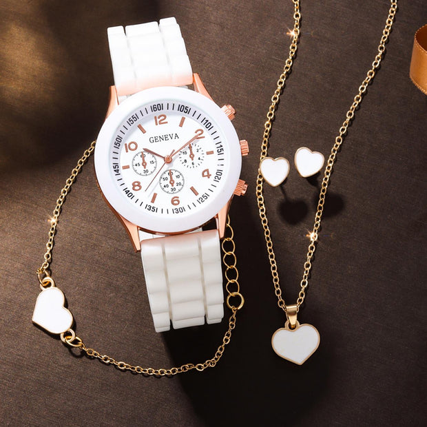 5Pcs Cute White Silicone Watch Girls Quartz Watch Necklace Bracelet Earrings Jewelry Jewelry Set Halloween Gift Christmas Gift Friends the Best Choice