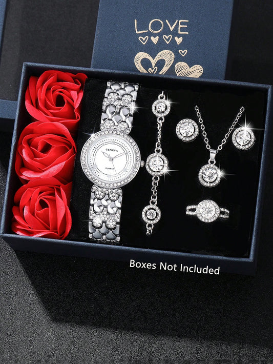 Ladies Watch 1Pc Women Zinc Alloy Strap Glamorous Rhinestone Decor round Dial Quartz Watch & 5Pcs Necklace Earrings Rings Bracelet Jewelry Set for Daily Decoration Suitable for Women Party,Holiday,Birthday Wear or as Sisters,The Best Gift for a Lady