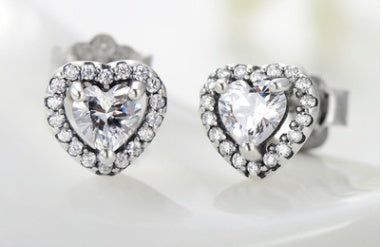Heart shaped micro zircon inlaid silver earrings