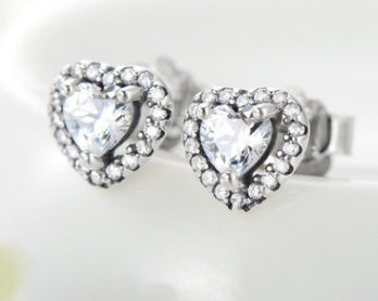 Heart shaped micro zircon inlaid silver earrings