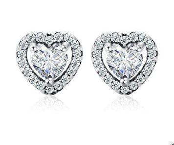 Heart shaped micro zircon inlaid silver earrings