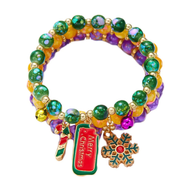 Jilgteok Christmas Bracelet T Santa Claus Snowflake Christmas Tree Beaded Stretch Bracelet Multicolor Jingle Bell Reindeer Charm Bracelets for Women Girls Kids Xmas Holiday Costume Jewelry(3Pcs)