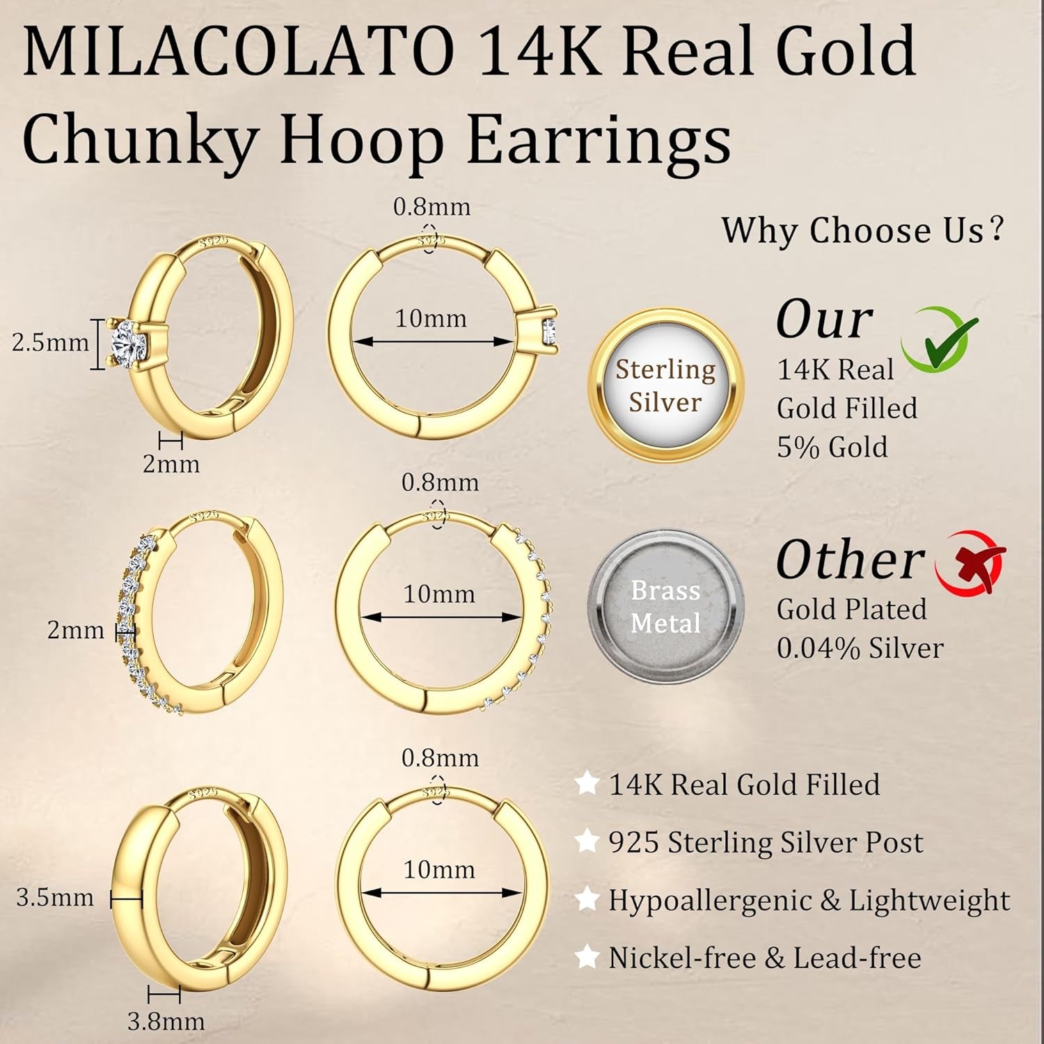3 Pairs Gold Hoop Earrings Set for Women 14K Gold Filled Small Huggie Hoop Earri
