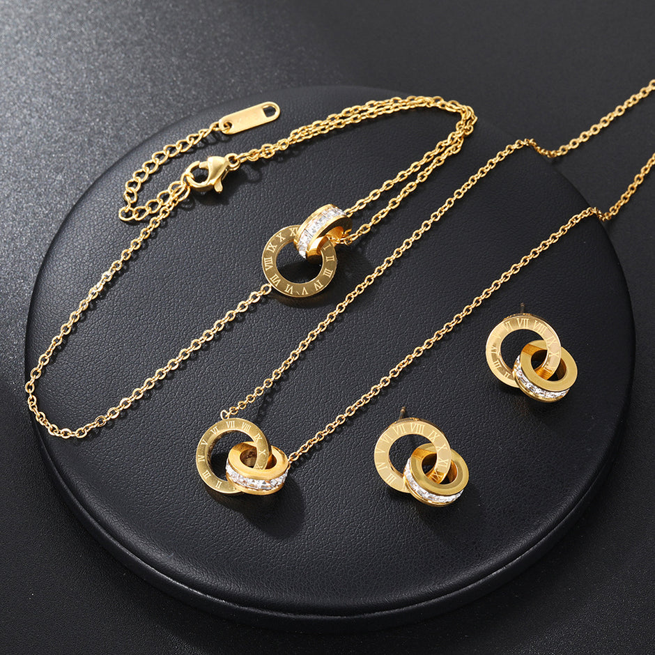 Roman Double Ring Titanium Steel Jewelry Set