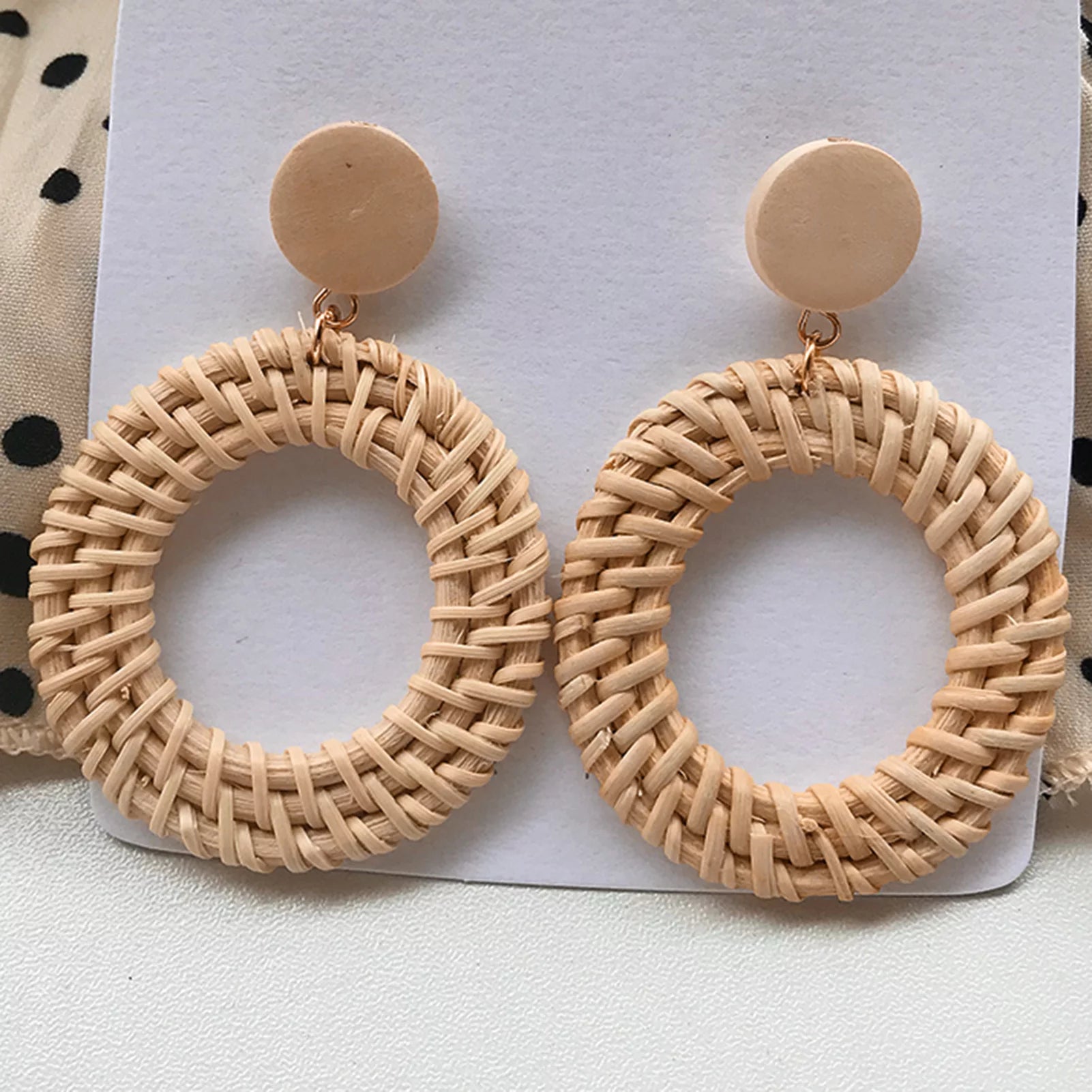 4 Pairs Rattan Earrings Geometric Handmade Braided Women Bohemian Tassel Earrings for Dating Wood Yellow