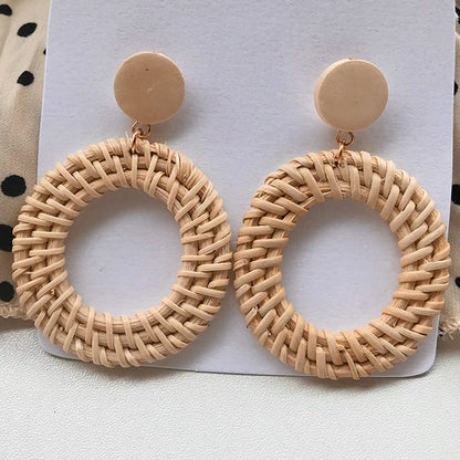 4 Pairs Rattan Earrings Geometric Handmade Braided Women Bohemian Tassel Earrings for Dating Wood Yellow