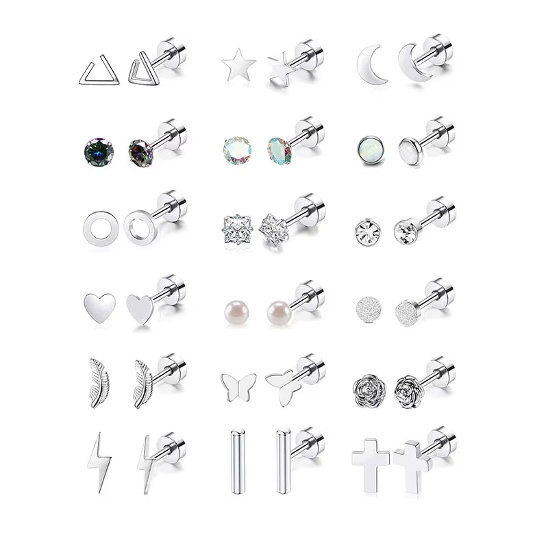 12 Pairs Stainless Steel Earrings Sets Hypoallergenic Screw Back Stud Earrings Cute Heart Tiny Pink Stud Earrings for Women Girl