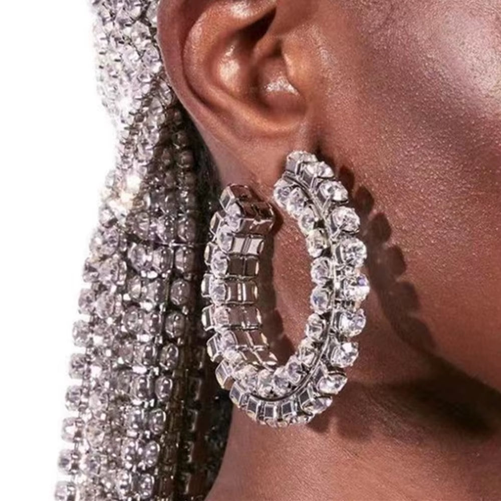 INS Baroque Rhinestone C-Shaped Semicircle Hoop Earrings Statement Jewelry for Women Shiny Crystal Stacked round Circle Earrings