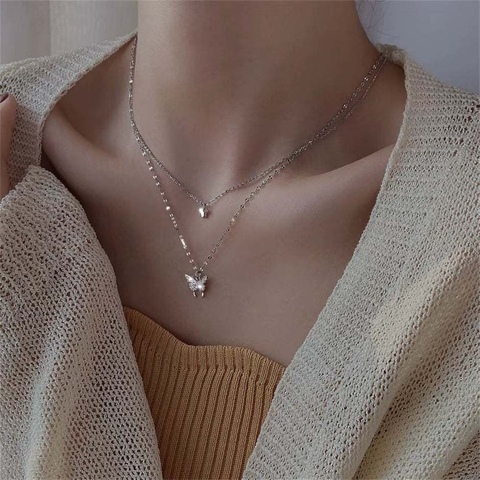 Shiny Layeyed Crystal Rhinestone Micropaved Butterfly Neclace for Women Girls Korean Clavicle Chain Choker Necklaces Jewelry