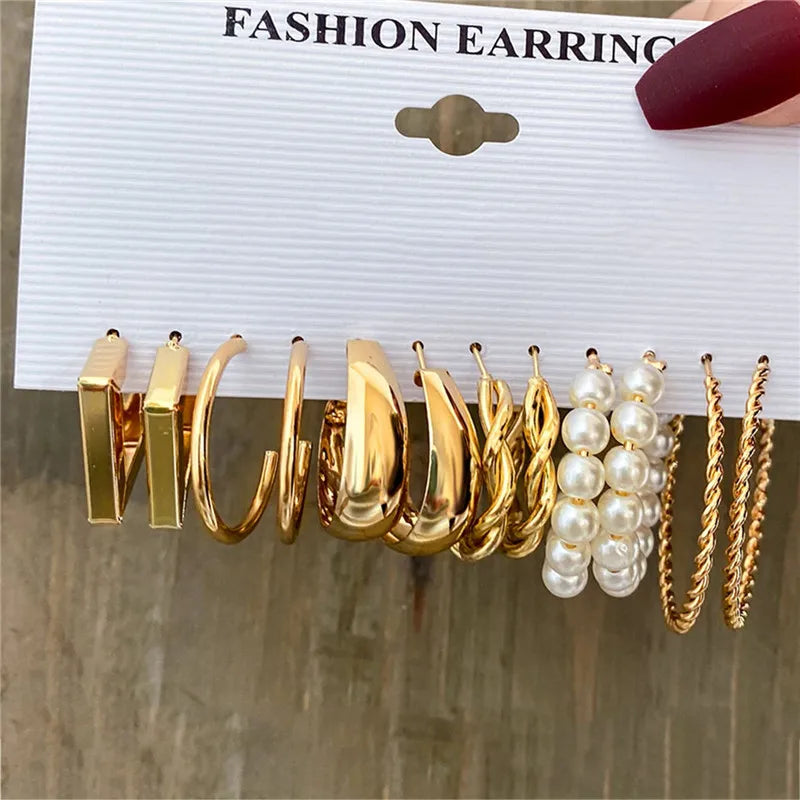 Stunning Boho Big Circle Hoop Earring Set - Vintage Gold Pearl & Heart Zircon Studs for Women - Perfect Jewelry Gifts