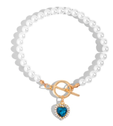 Red Crystal Heart & Pearl Bracelet