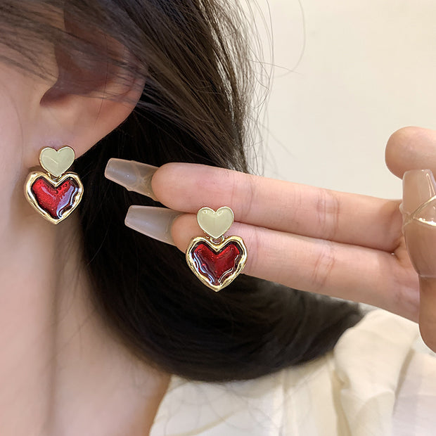 Wine Red Heart Drop Earrings
