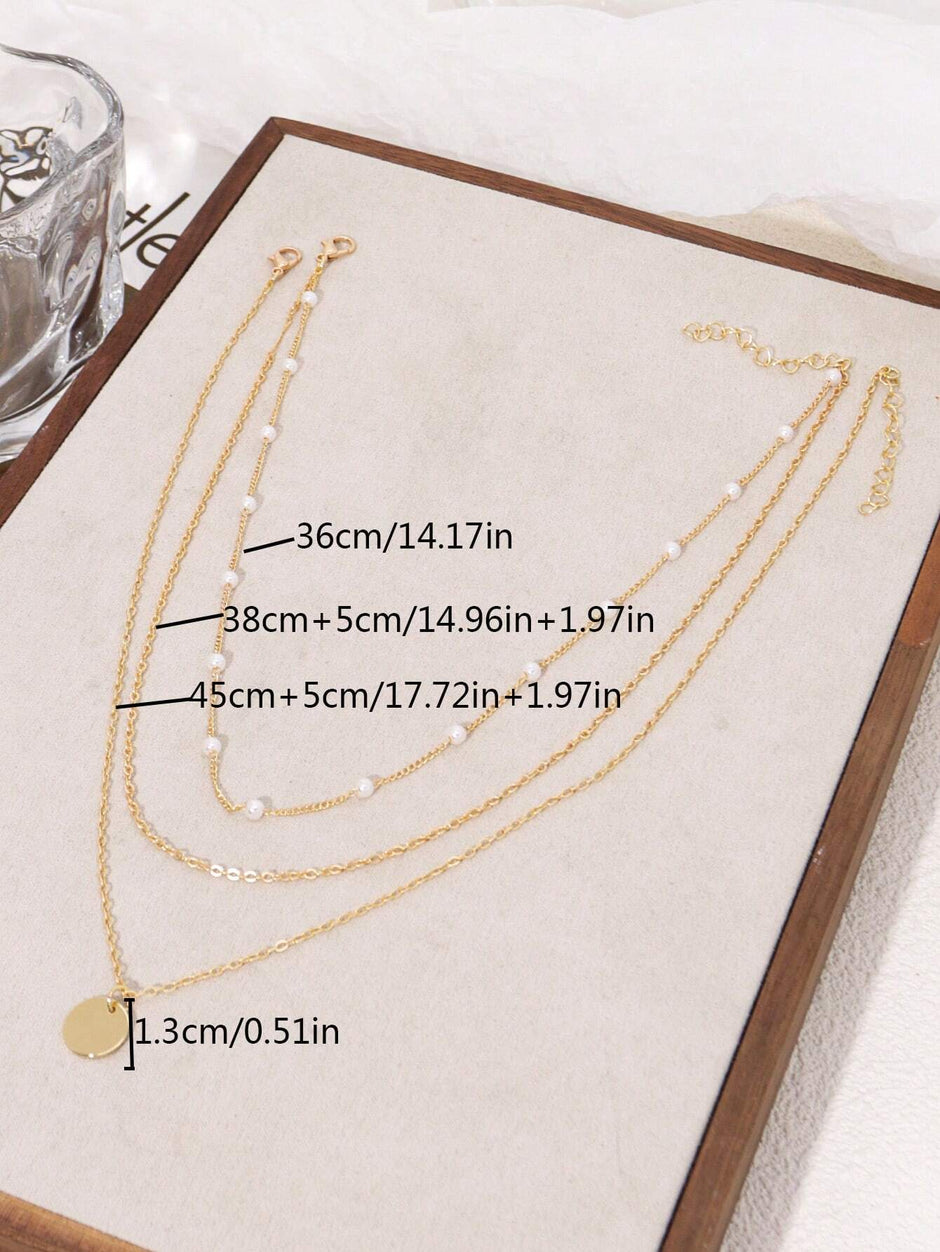 2Pcs Multi-Layer Faux Pearl round Disc Necklace (Random Pearl Quantity, Not Fixed)