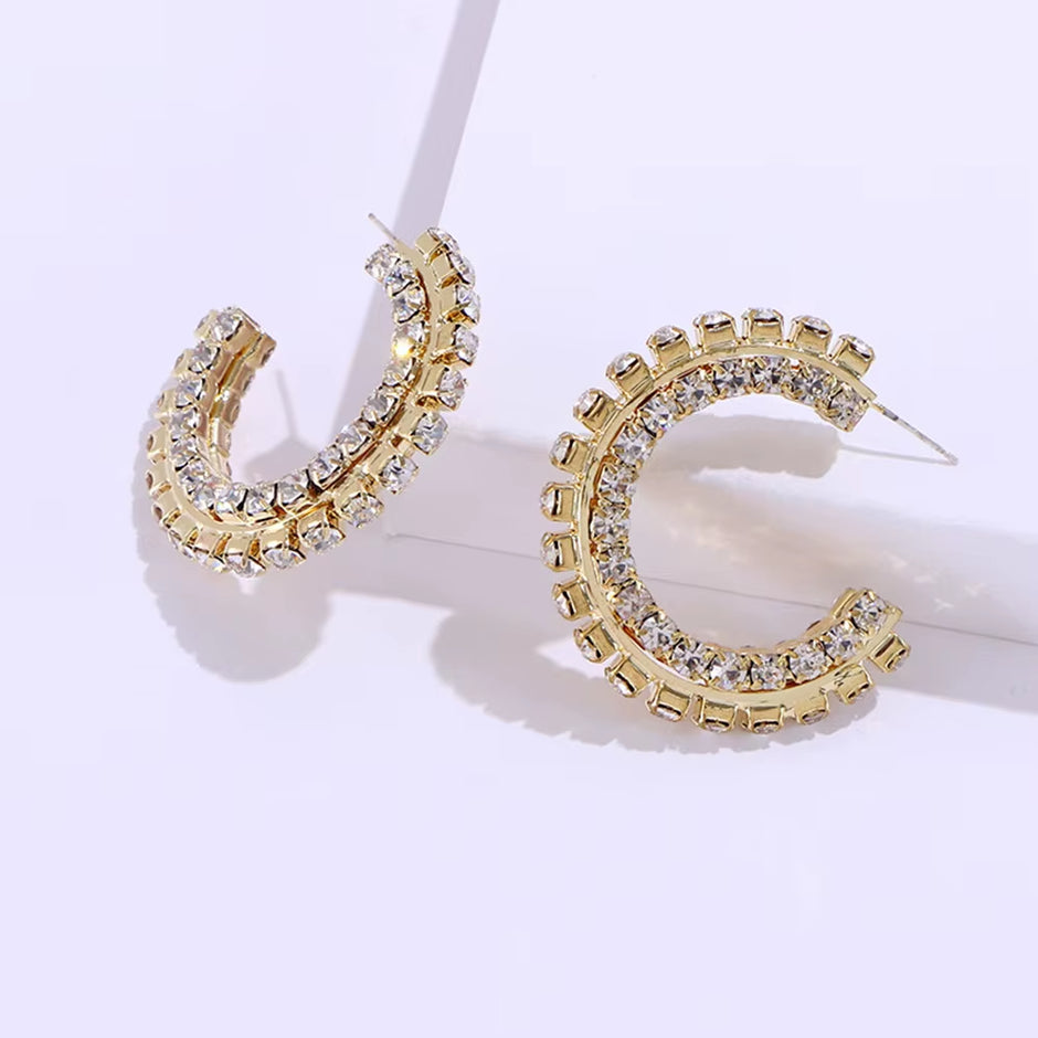 INS Baroque Rhinestone C-Shaped Semicircle Hoop Earrings Statement Jewelry for Women Shiny Crystal Stacked round Circle Earrings