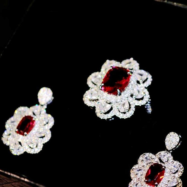 Ruby Jewelry Set - Necklace, Ring & Stud Earrings