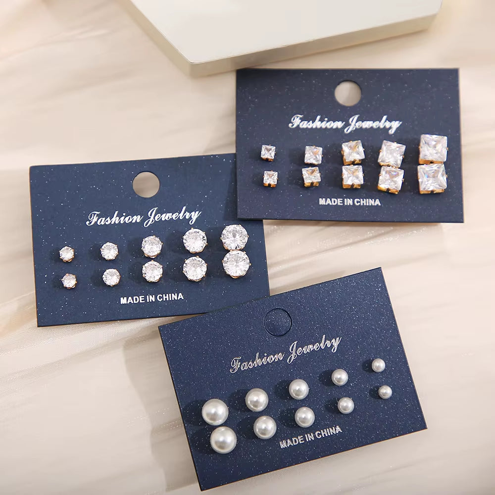 15 Pcs of Earrings Simple Basic Geometric Type Sixclaw Crystal Zircon Earrings Set Retro Temperament Fake-Pearl Earrings