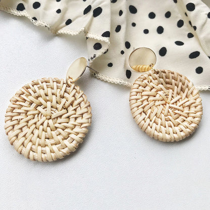4 Pairs Rattan Earrings Geometric Handmade Braided Women Bohemian Tassel Earrings for Dating Wood Yellow
