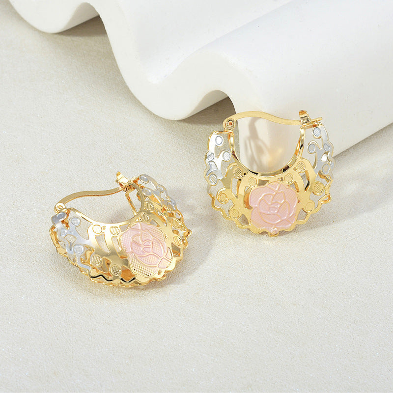 Hollow Rosette Earrings with Gold Contrast Hoops