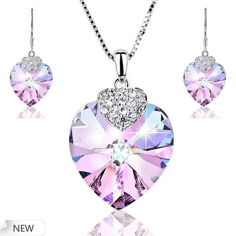 Fashion 925 Silver Heart Shape Crystal Hook Earrings Zircon Pendant Necklace Gift for Lady CZ Women Charm Anniversary Gift Birthday Party Jewelry Bridal Engagement Wedding Jewelry Gift