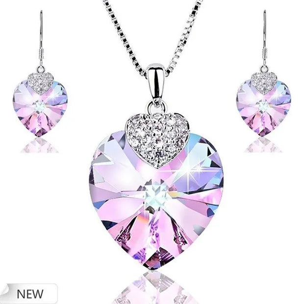 Fashion 925 Silver Heart Shape Crystal Hook Earrings Zircon Pendant Necklace Gift for Lady CZ Women Charm Anniversary Gift Birthday Party Jewelry Bridal Engagement Wedding Jewelry Gift