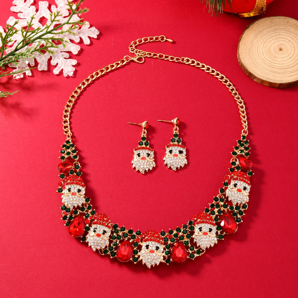 3Pcs Christmas Necklace Earrings Set with Colored Rhinestones Ins Fashionable Shiny Santa Claus Necklace for Womens Jewelry