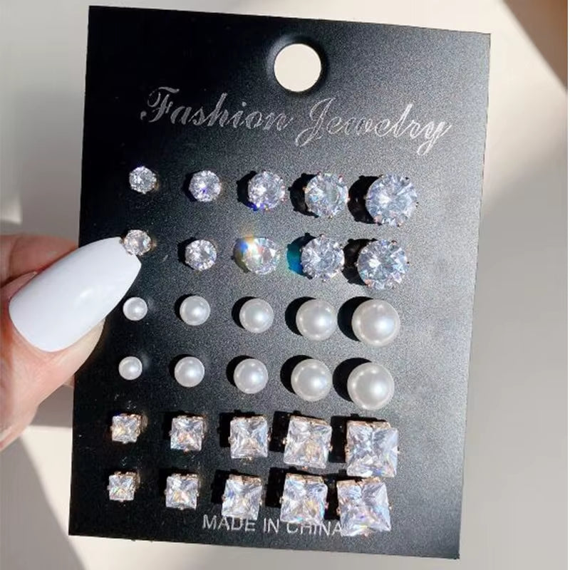 15 Pcs of Earrings Simple Basic Geometric Type Sixclaw Crystal Zircon Earrings Set Retro Temperament Fake-Pearl Earrings